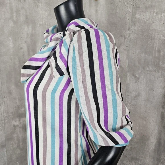 Vintage‎ Handmade Colorful Vertical Striped Linen Half Sleeve Shift Dress - Picture 5 of 9